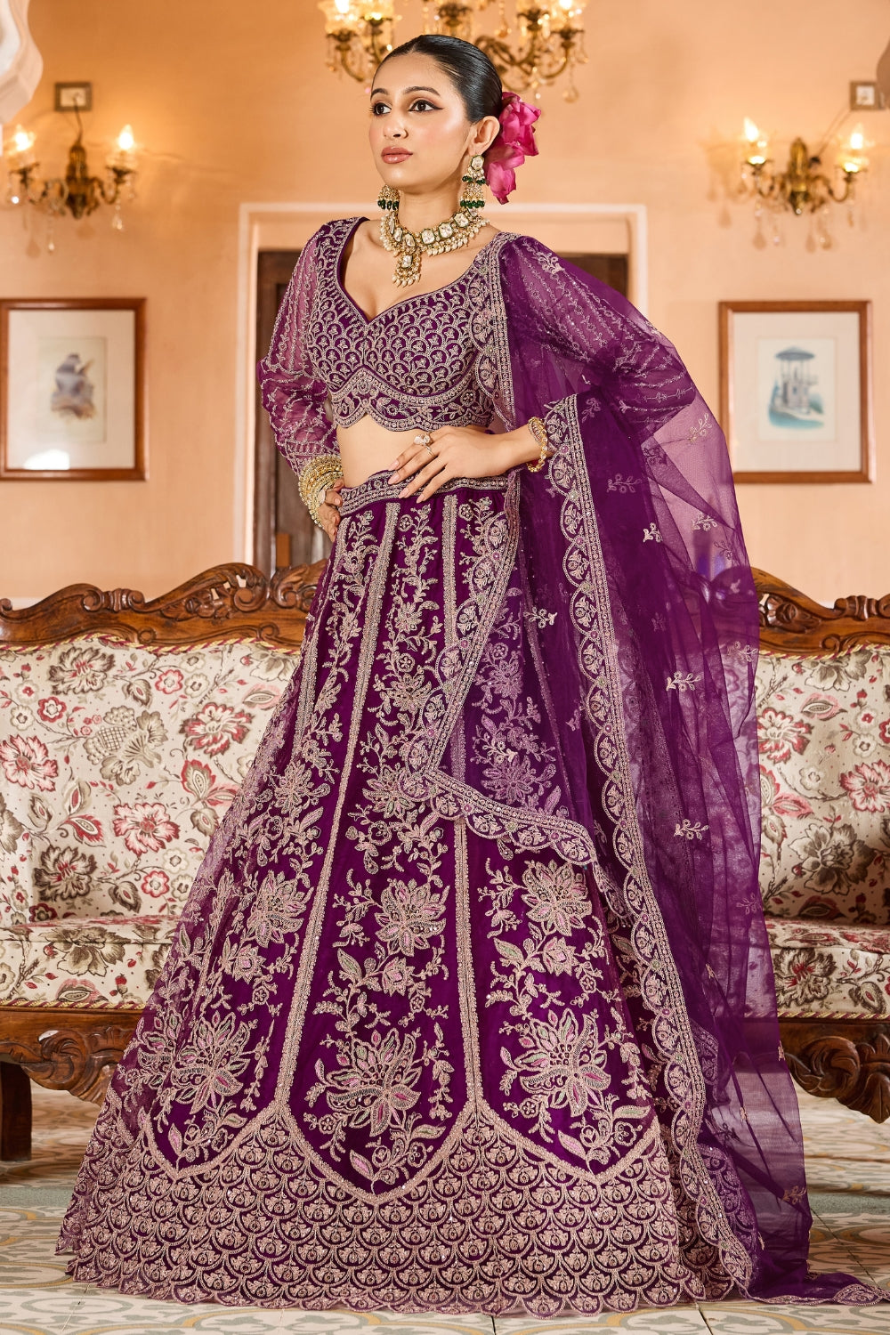 Net Lehenga Set with Resham Embroidery and Stone Work