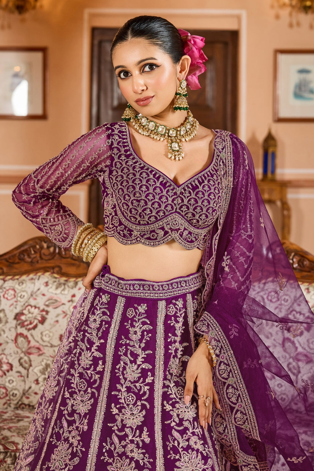 Net Lehenga Set with Resham Embroidery and Stone Work