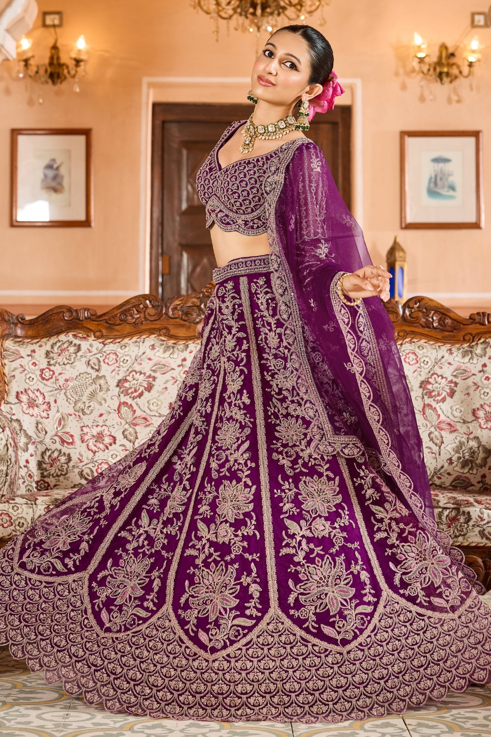 Net Lehenga Set with Resham Embroidery and Stone Work
