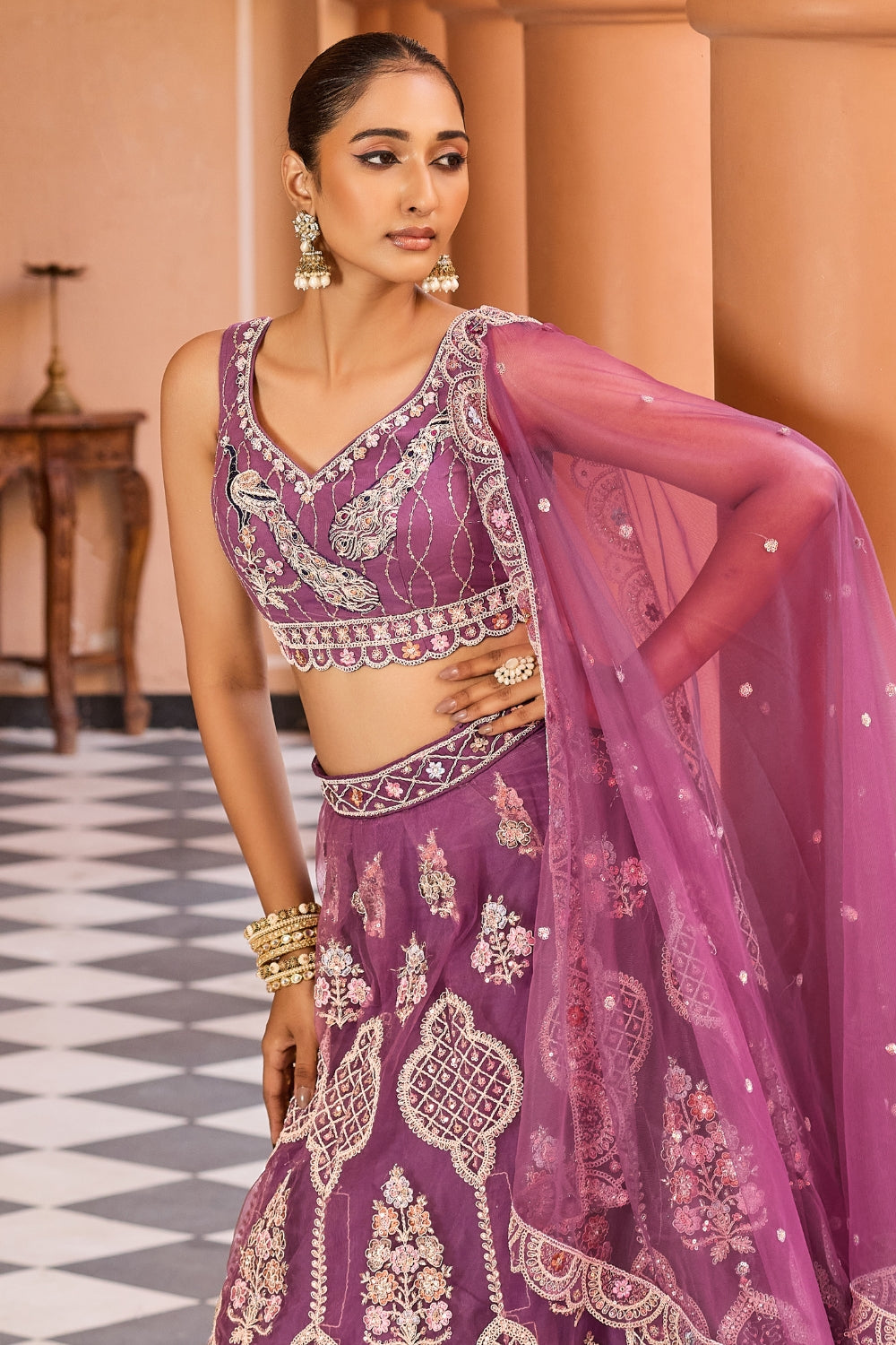 Net Lehenga Set with Resham Embroidery and Stone Work