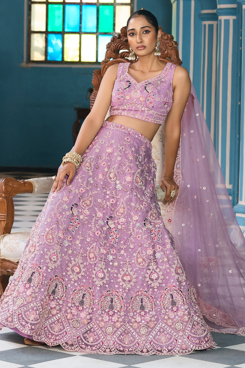 Net Lehenga Set with Resham Embroidery and Stone Work