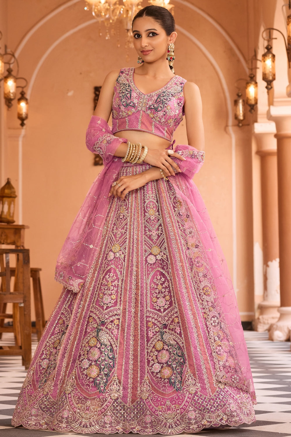 Net Lehenga Set with Sequins and Stone Work