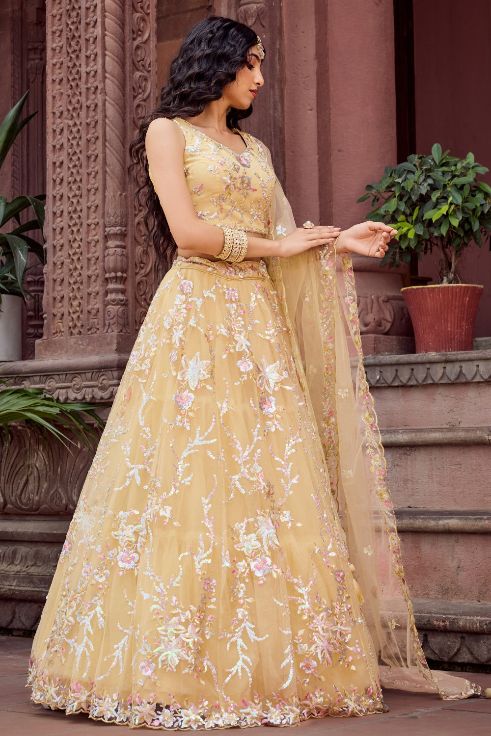 Net Lehenga Set with Stone and Sequins Work