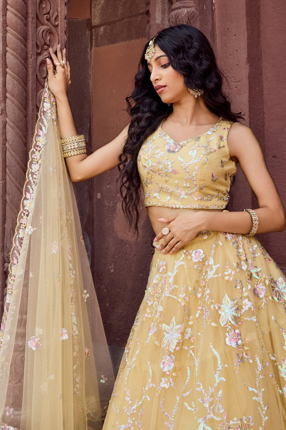 Net Lehenga Set with Stone and Sequins Work