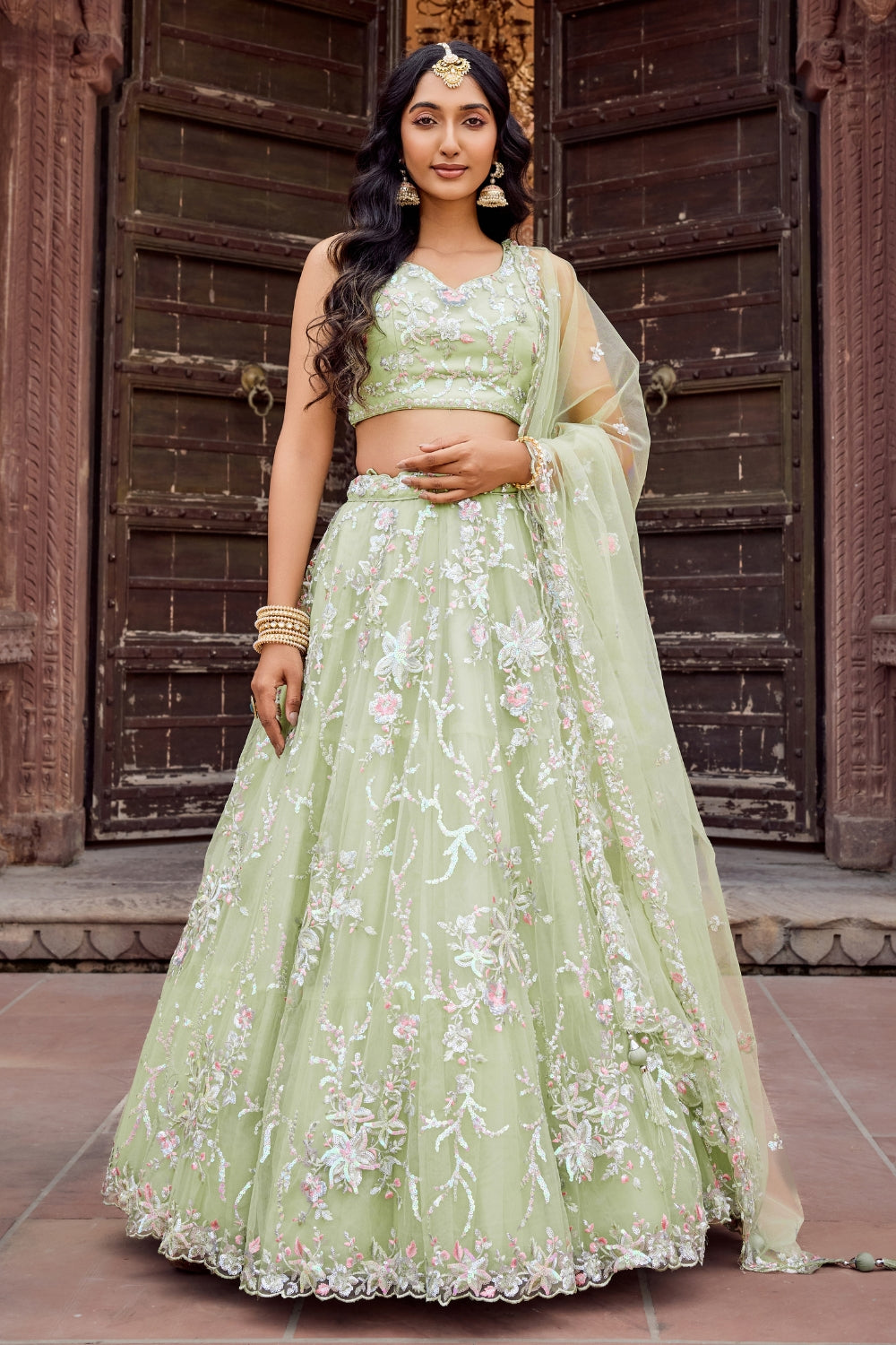 Net Lehenga Set with Stone and Sequins Work