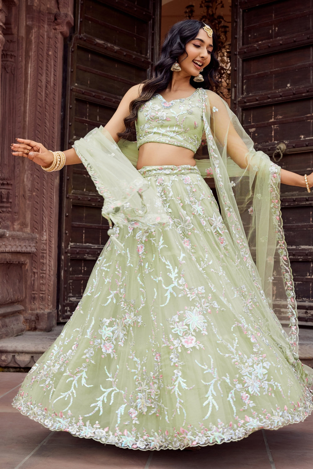 Net Lehenga Set with Stone and Sequins Work