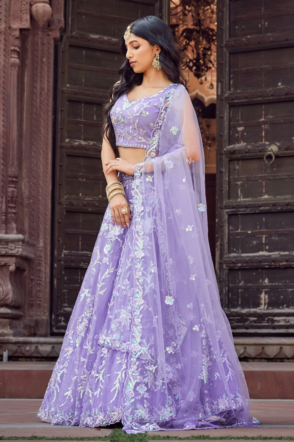 Net Lehenga Set with Stone and Sequins Work