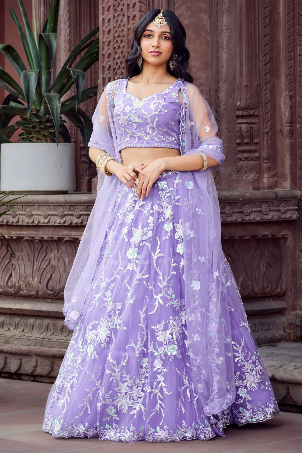 Net Lehenga Set with Stone and Sequins Work