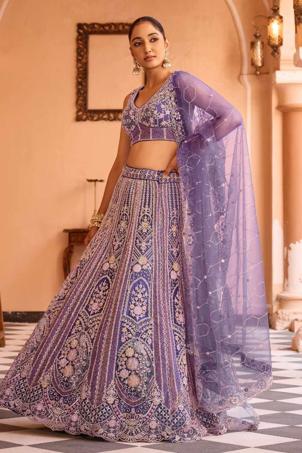 Net Lehenga Set with Sequins and Stone Work