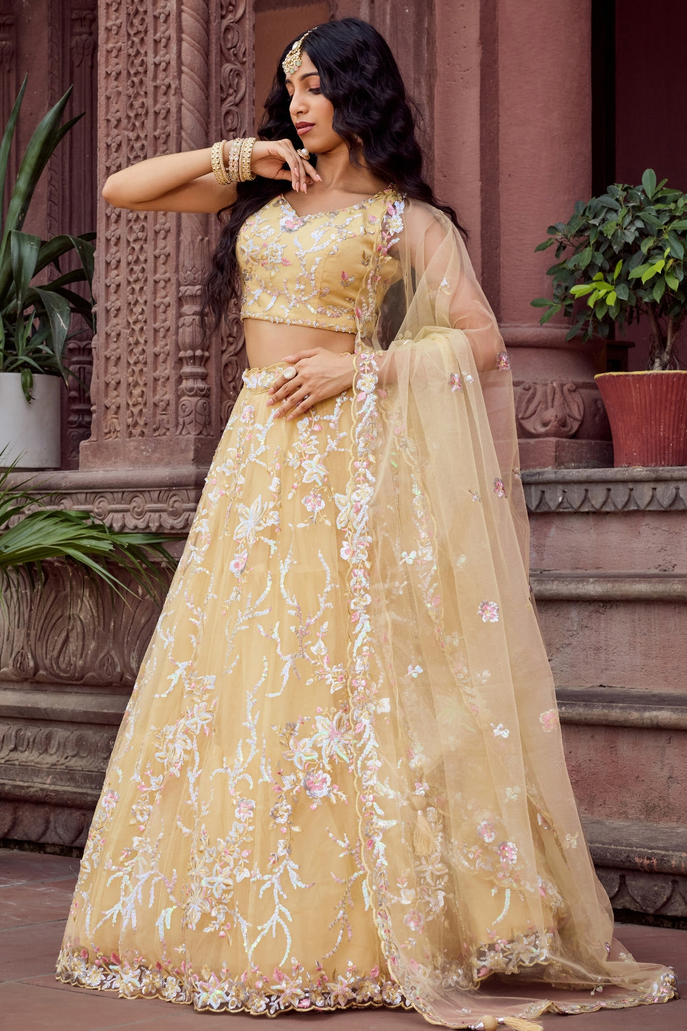 Net Lehenga Set with Stone and Sequins Work