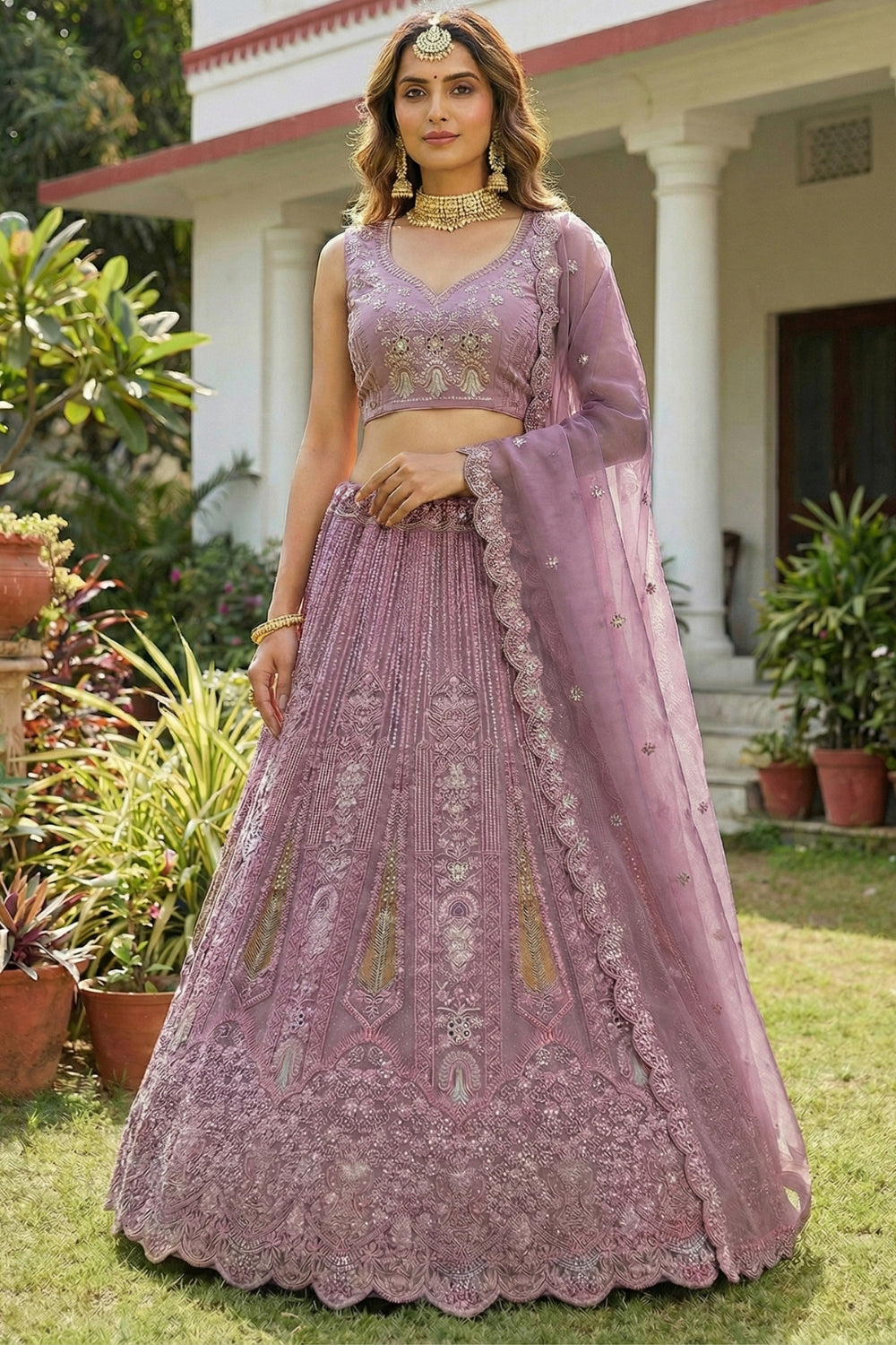 Net Lehenga Set with Stone and Moti Work