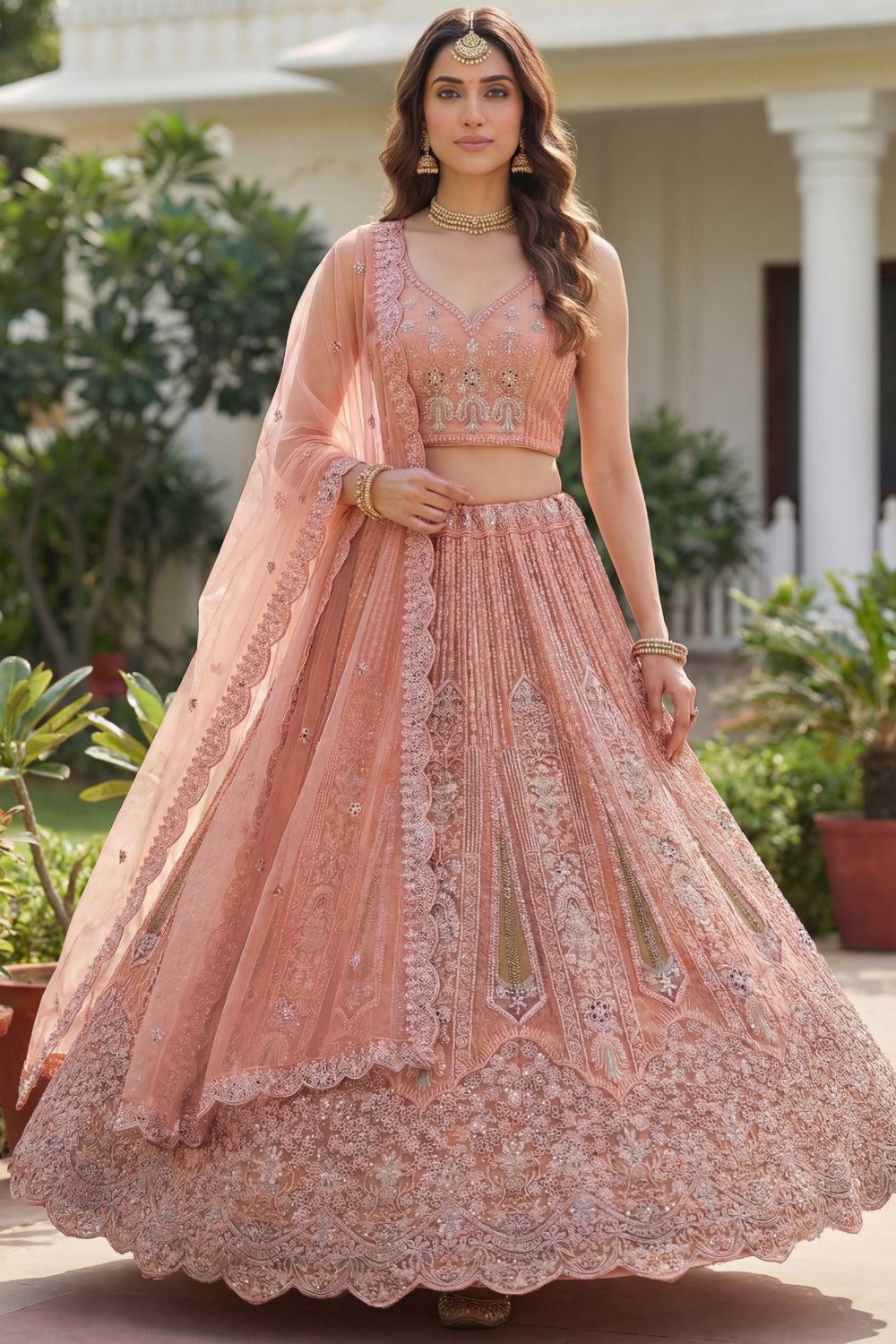 Net Lehenga Set with Stone and Moti Work