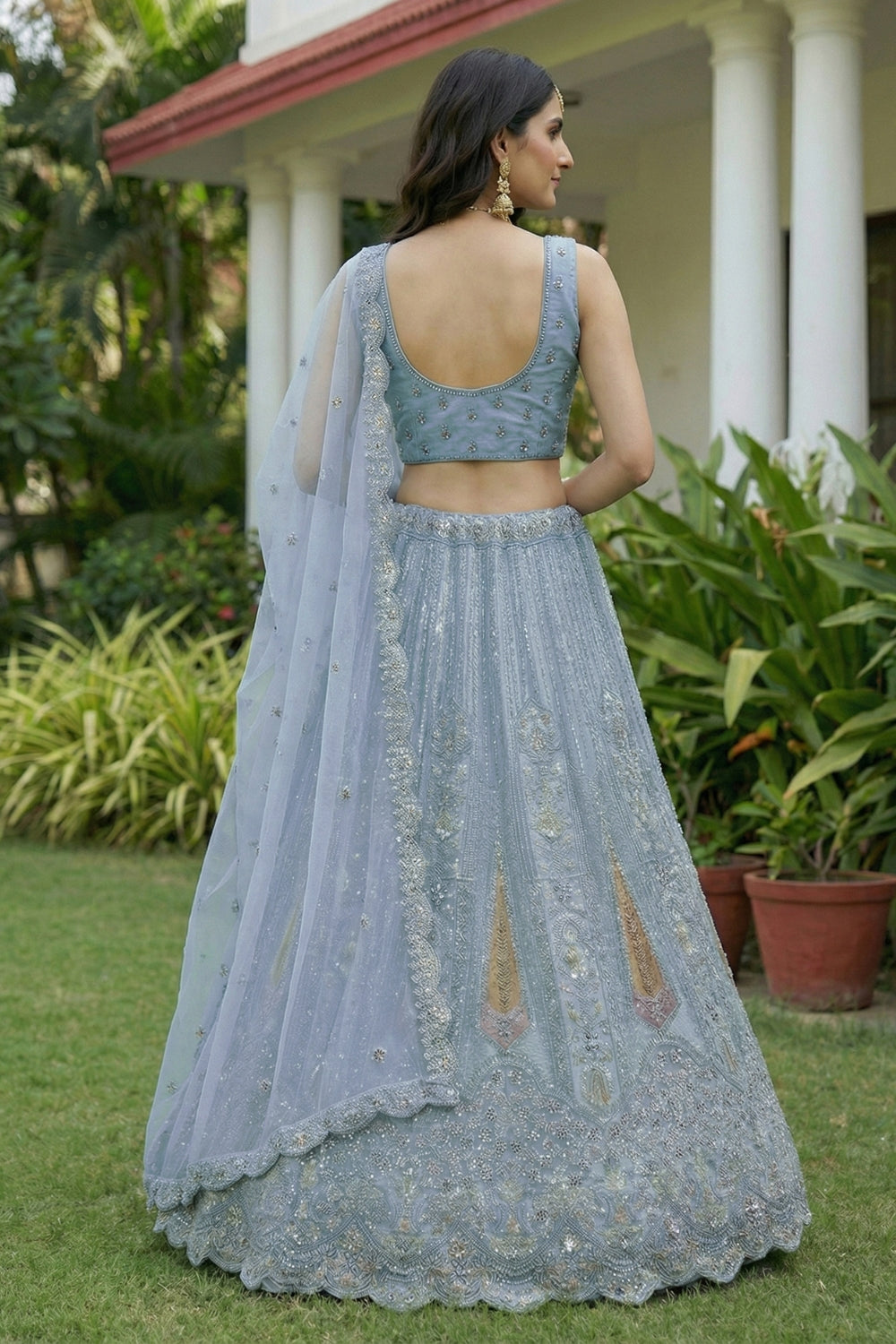 Net Lehenga Set with Stone and Moti Work