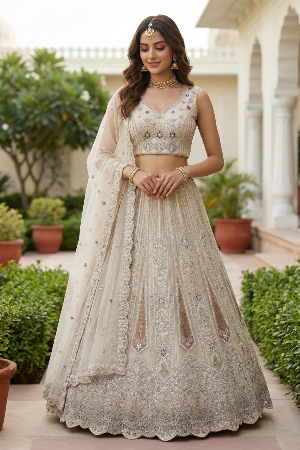 Net Lehenga Set with Stone and Moti Work