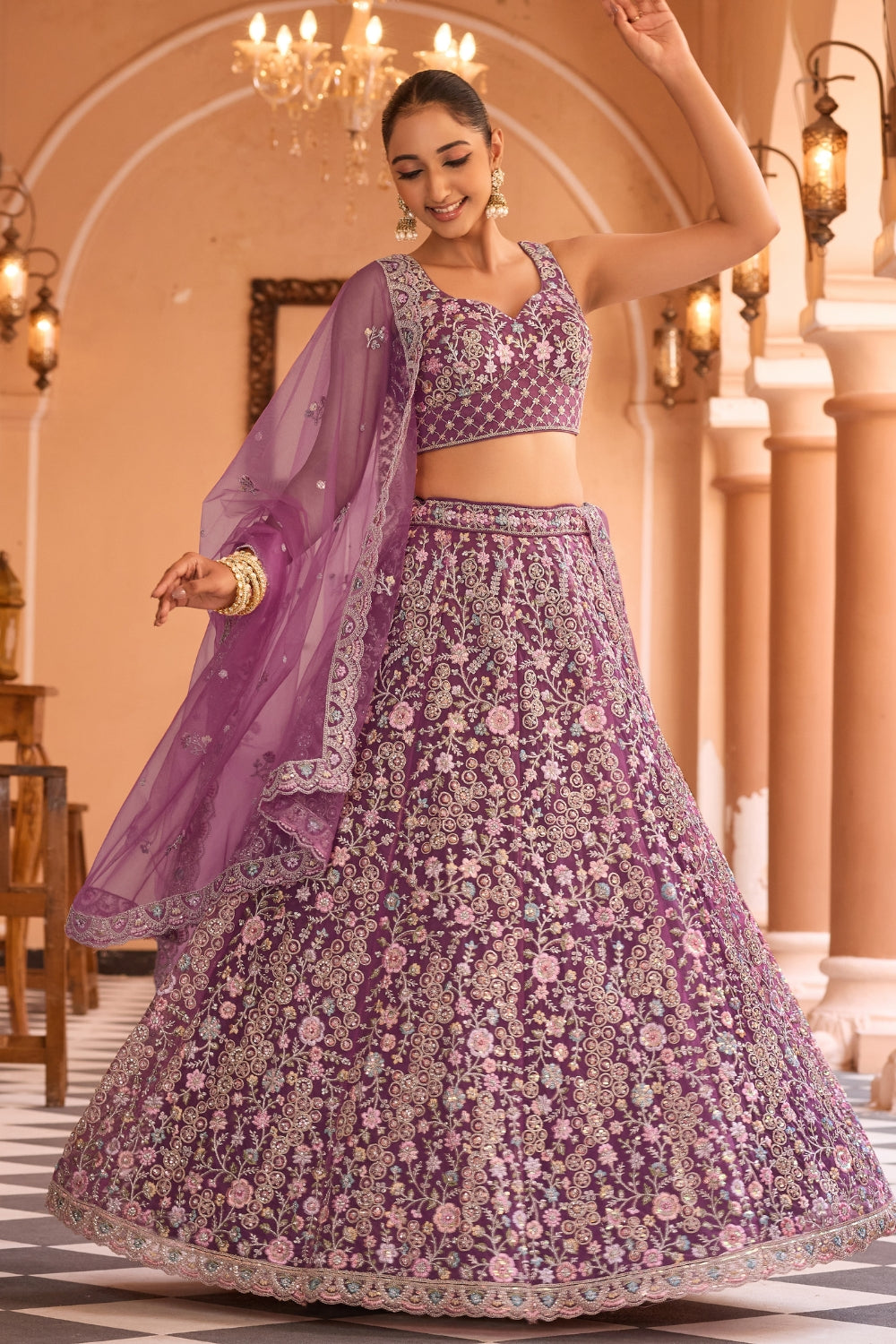 Net Lehenga Set with Stone and Resham Embroidery Work