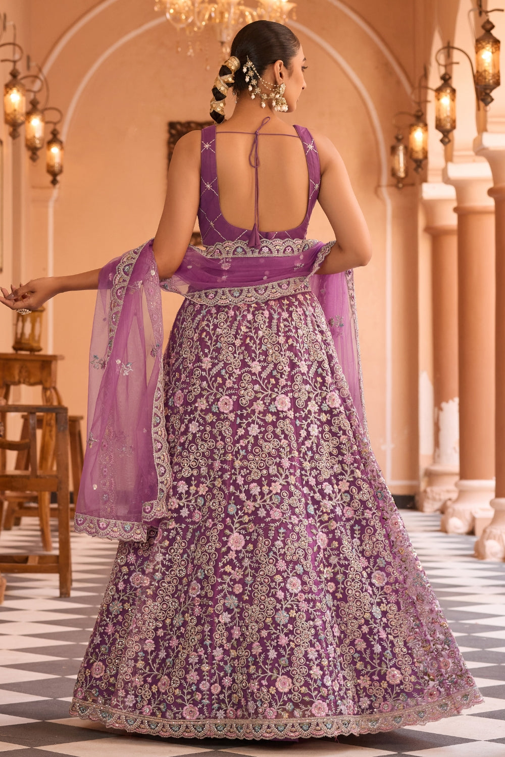 Net Lehenga Set with Stone and Resham Embroidery Work