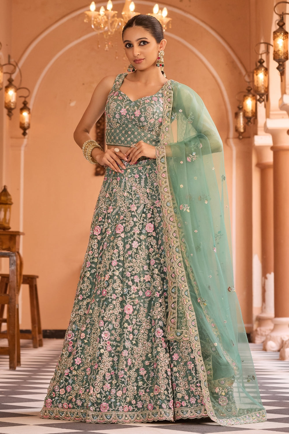 Net Lehenga Set with Stone and Resham Embroidery Work