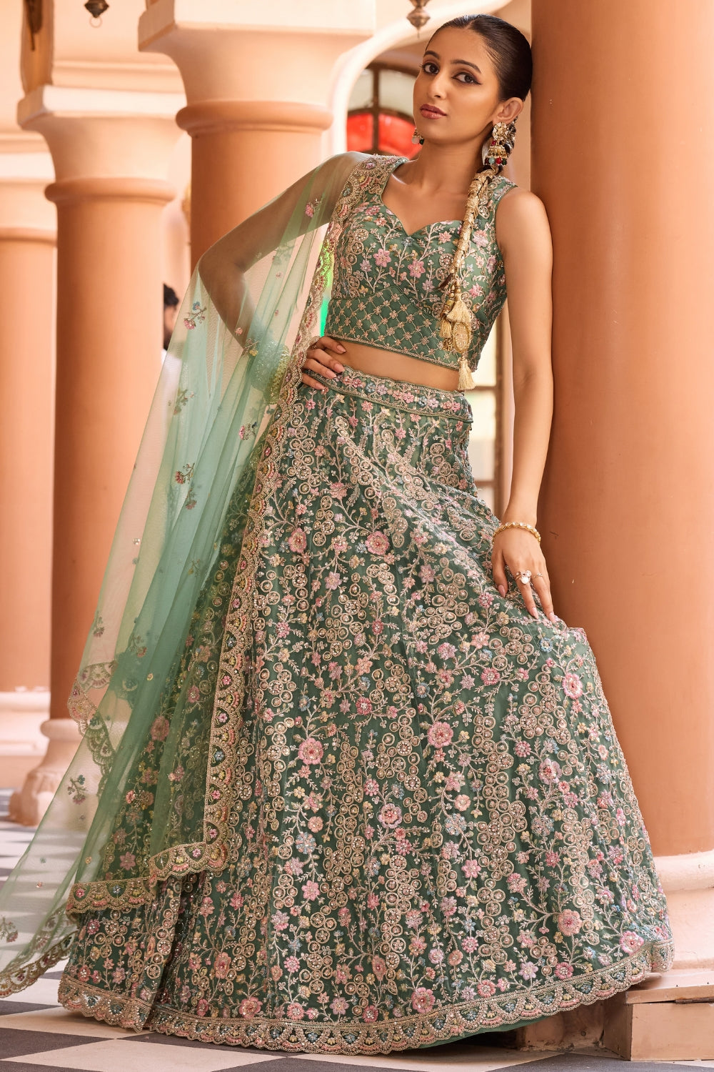 Net Lehenga Set with Stone and Resham Embroidery Work