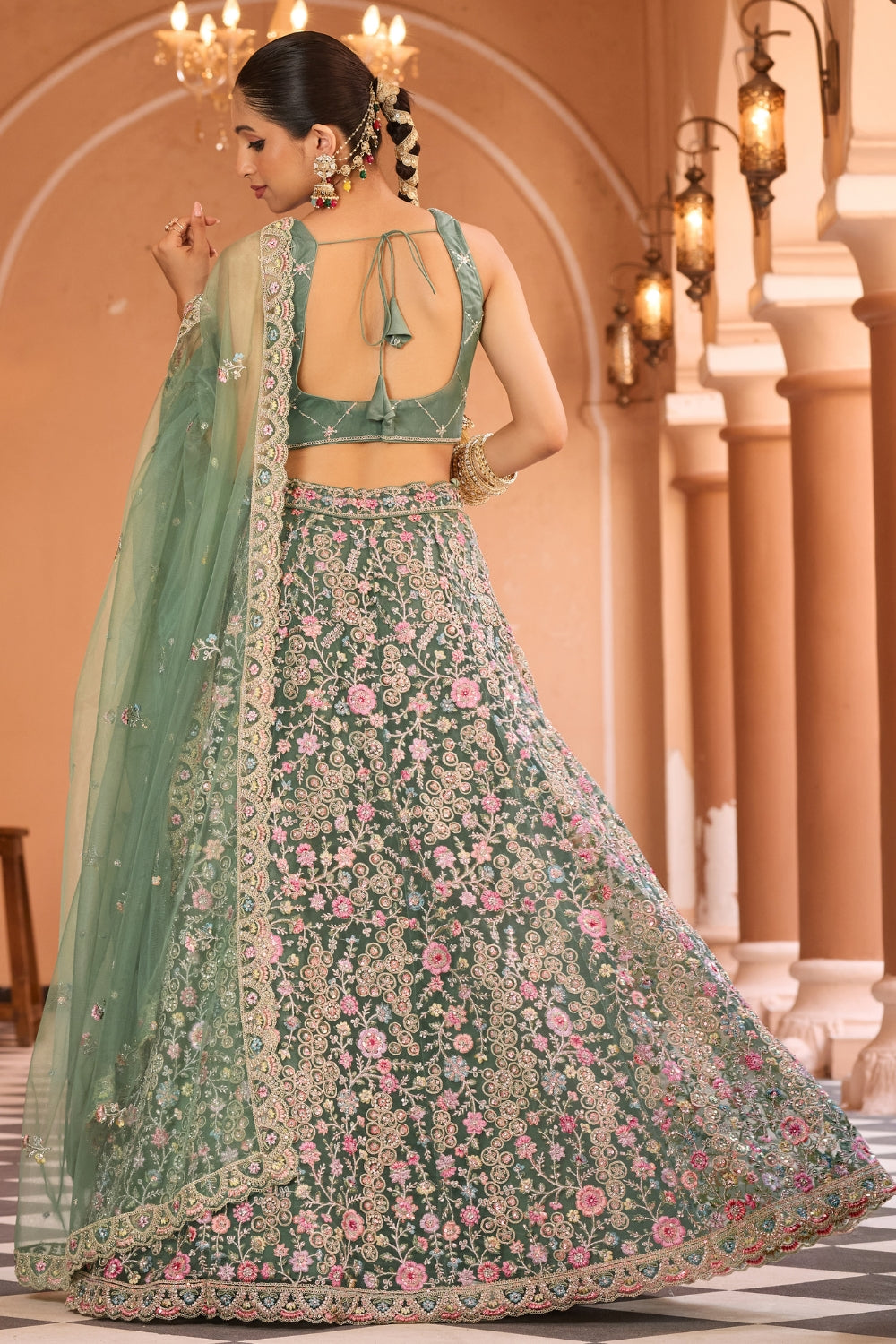Net Lehenga Set with Stone and Resham Embroidery Work