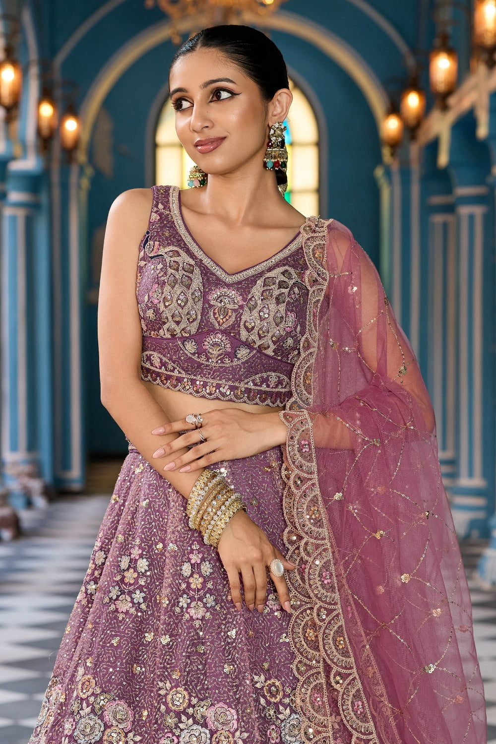 Net Lehenga Set with Stone and Sequins Work