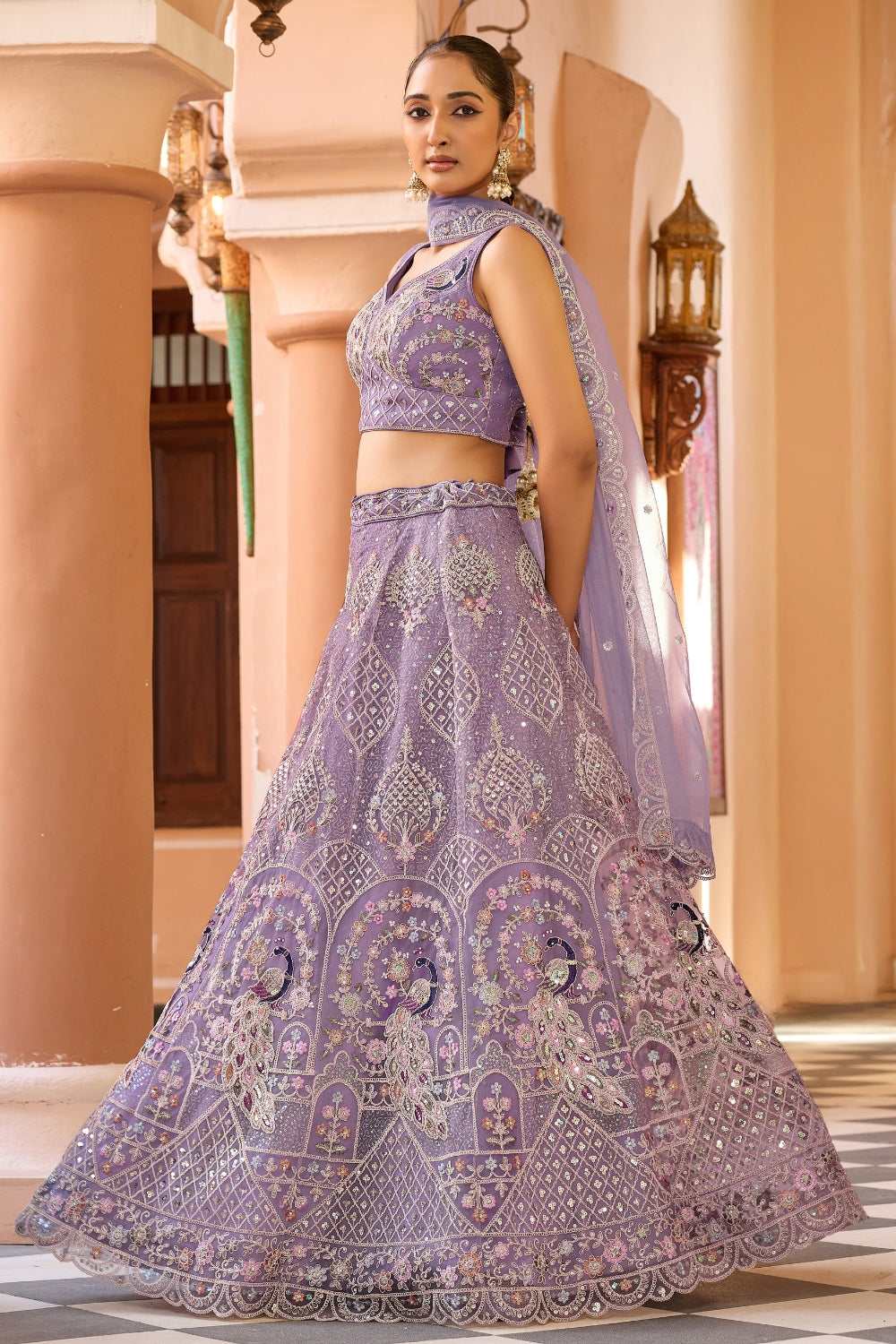 Net Lehenga Set with Stone and Sequins Work