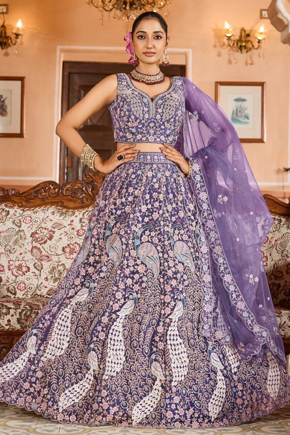 Net Lehenga Set with Stone and Sequins Work