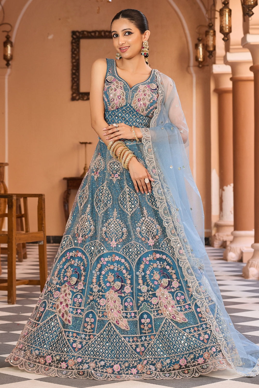 Net Lehenga Set with Stone and Sequins Work