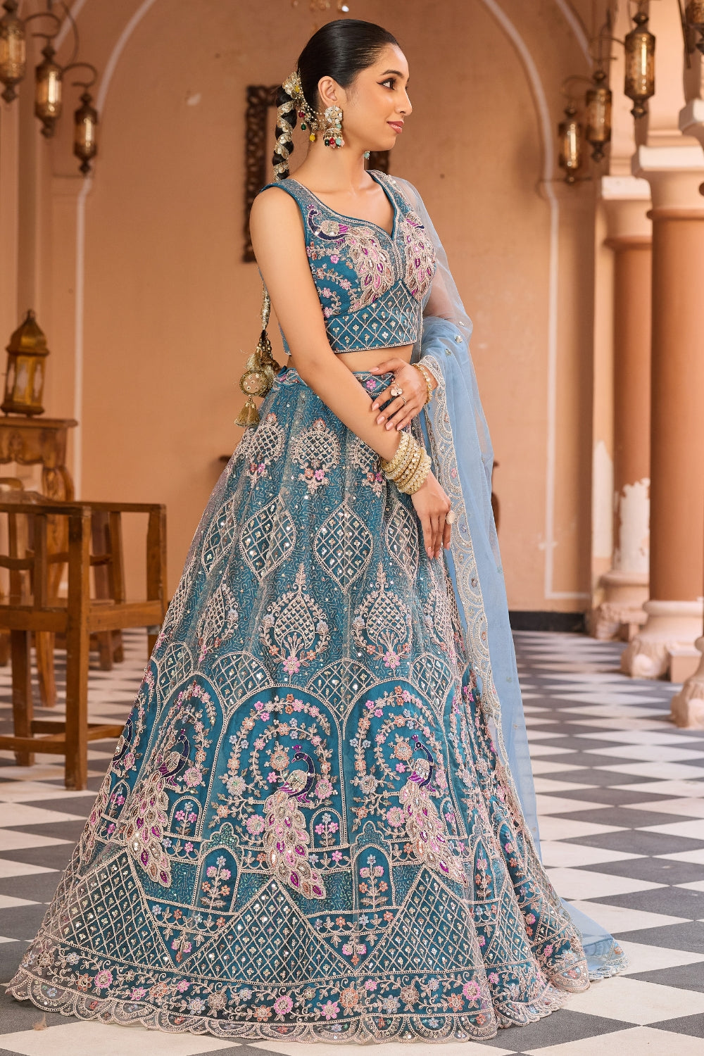 Net Lehenga Set with Stone and Sequins Work