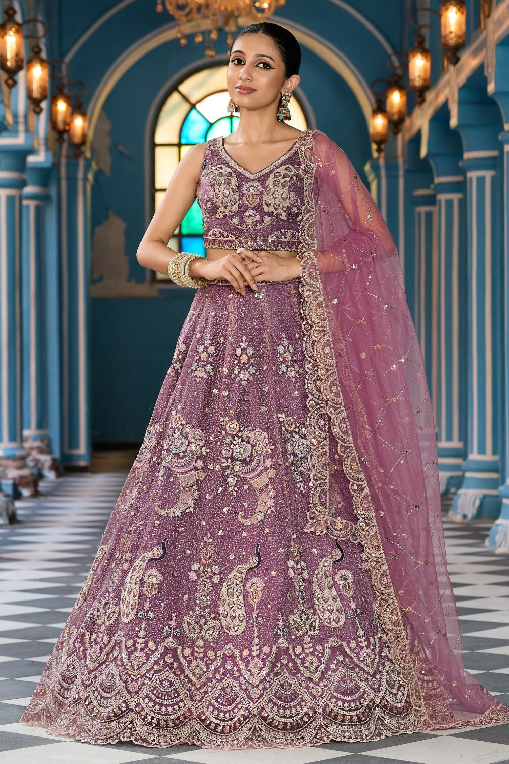 Net Lehenga Set with Stone and Sequins Work