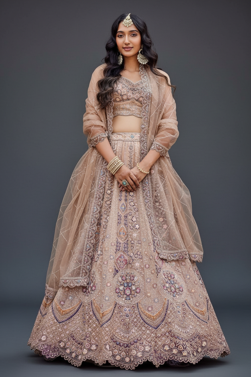 Net Lehenga with Stone and Sequins Work