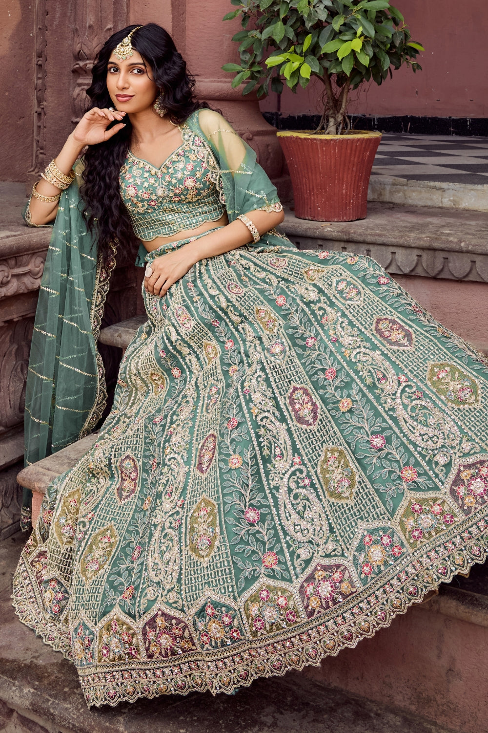 Net Lehenga with Stone and Sequins Work
