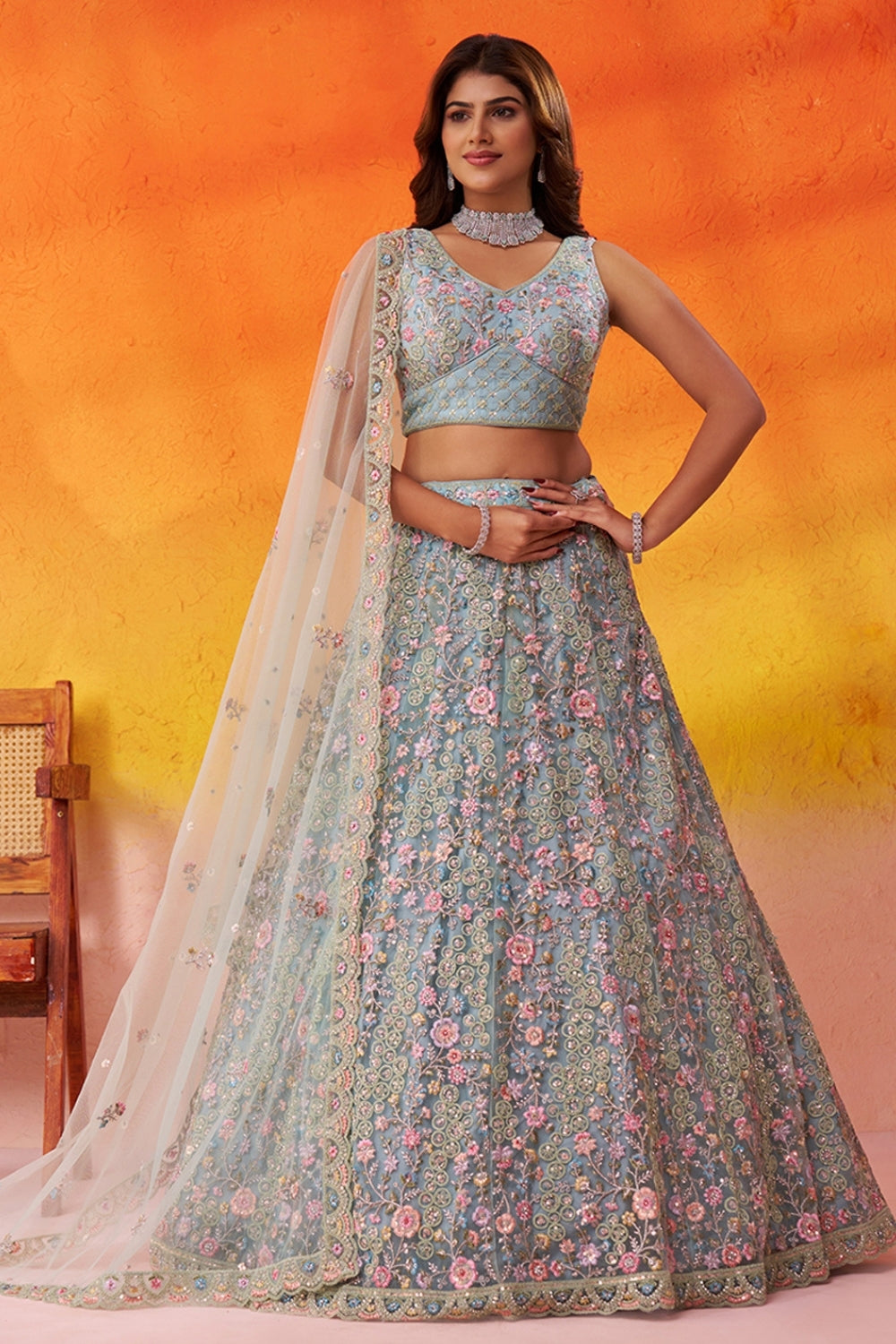 Net Lehenga Set with Embroidery and Sequins Work