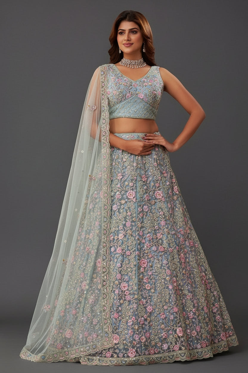 Net Lehenga Set with Embroidery and Sequins Work