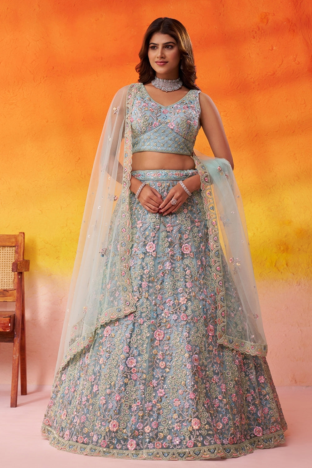 Net Lehenga Set with Embroidery and Sequins Work