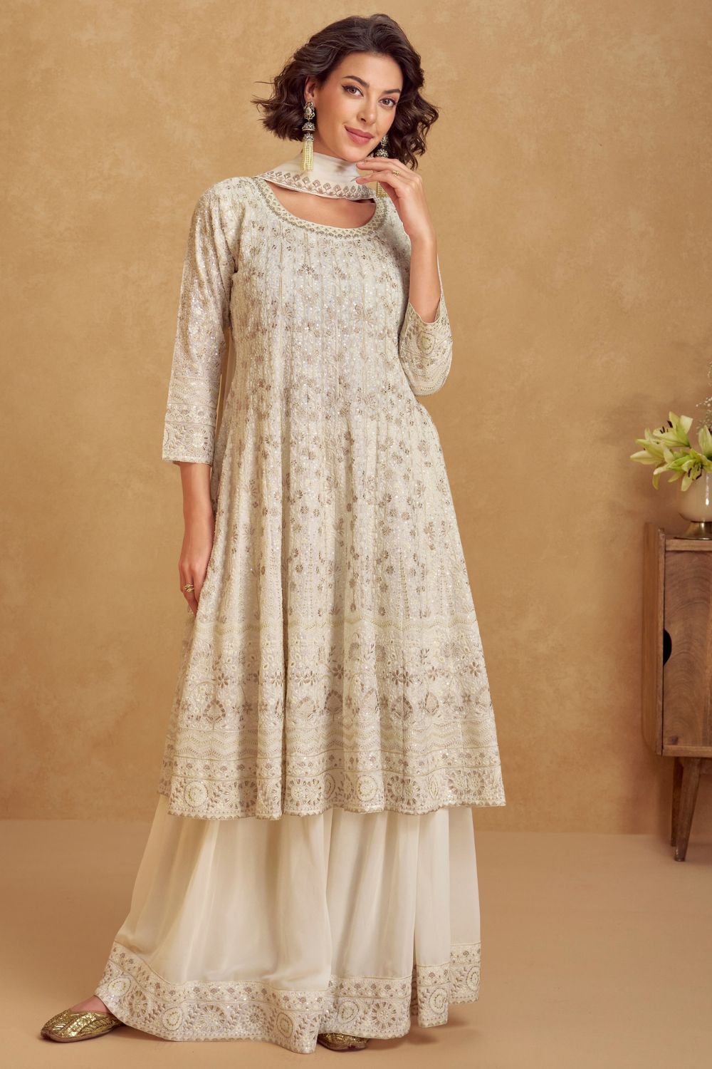 OFF-WHITE GEORGETTE INDO-WESTERN WITH EMNROIDERY AND SEQUINS