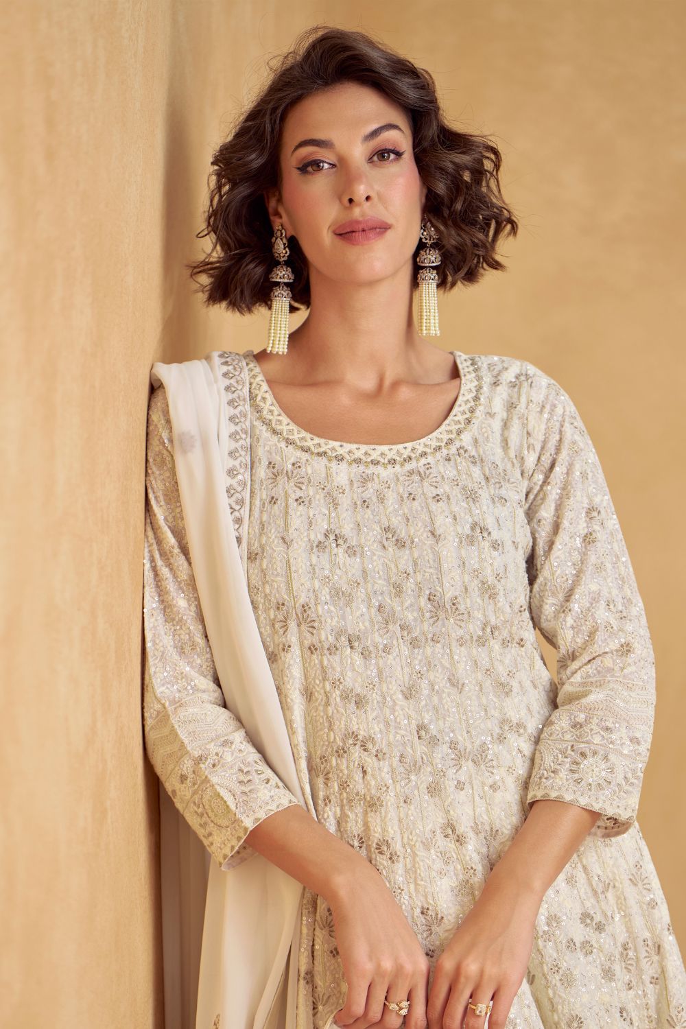 OFF-WHITE GEORGETTE INDO-WESTERN WITH EMNROIDERY AND SEQUINS