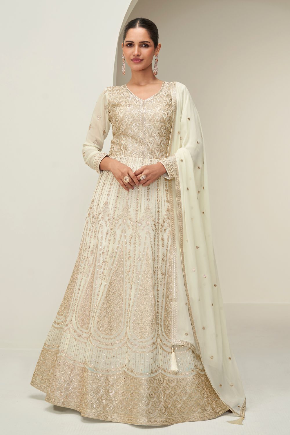 OFF WHITE GEORGETTE ANARKALI SUIT WITH EMBROIDERY WORK