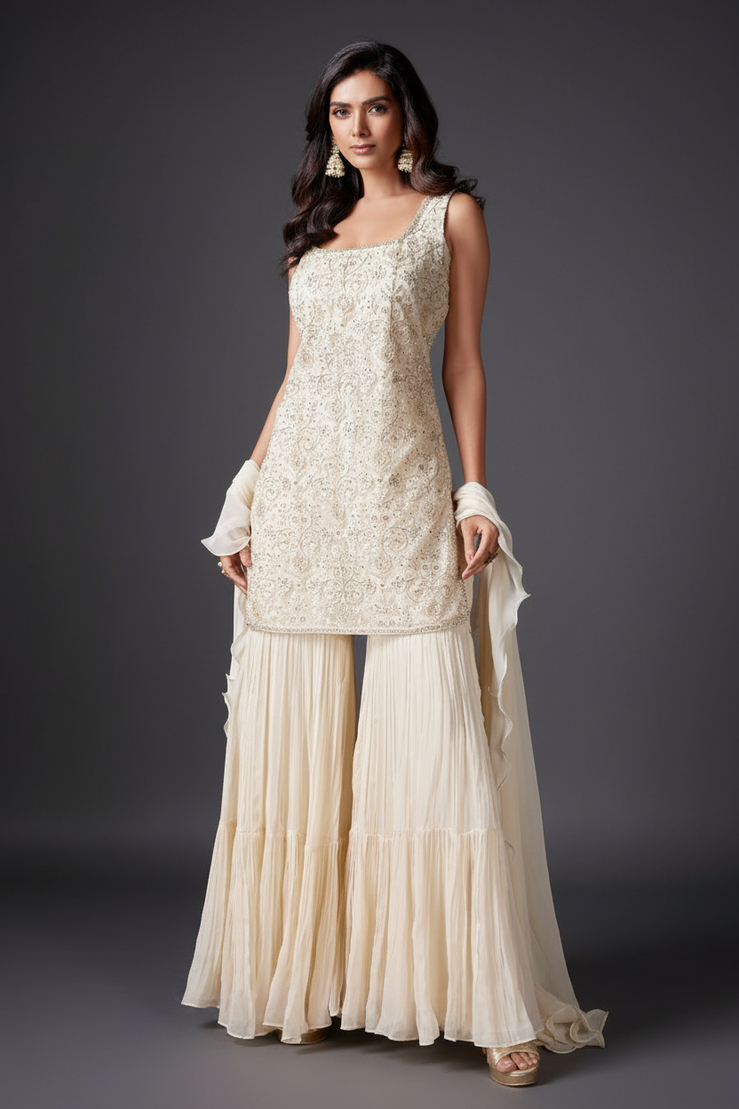 OFF WHITE ORGANZA NET PALAZZO SUIT WITH CUTDANA AND LUKNOWI