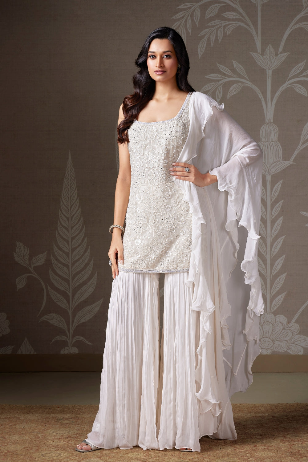 OFF WHITE ORGANZA PALAZZO SUIT WITH CUTDANA AND LUCKNOWI