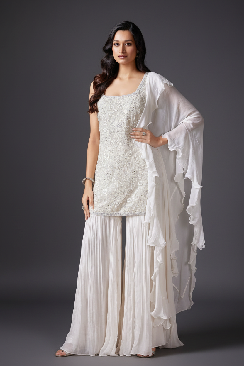 OFF WHITE ORGANZA PALAZZO SUIT WITH CUTDANA AND LUCKNOWI