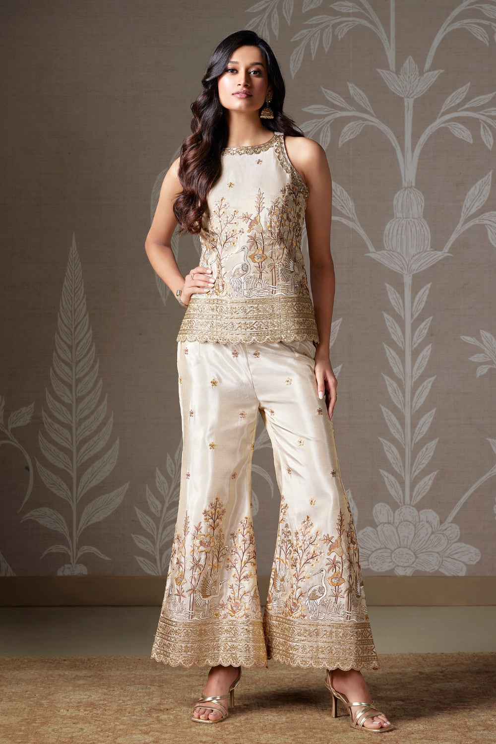 OFF WHITE SILK PALAZZO SUIT WITH ZARDOSI AND GOTTA PATTI