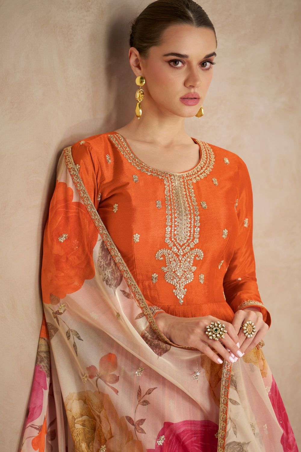 ORANGE CHINON ANRKALI SUIT WITH EMBROIDERY