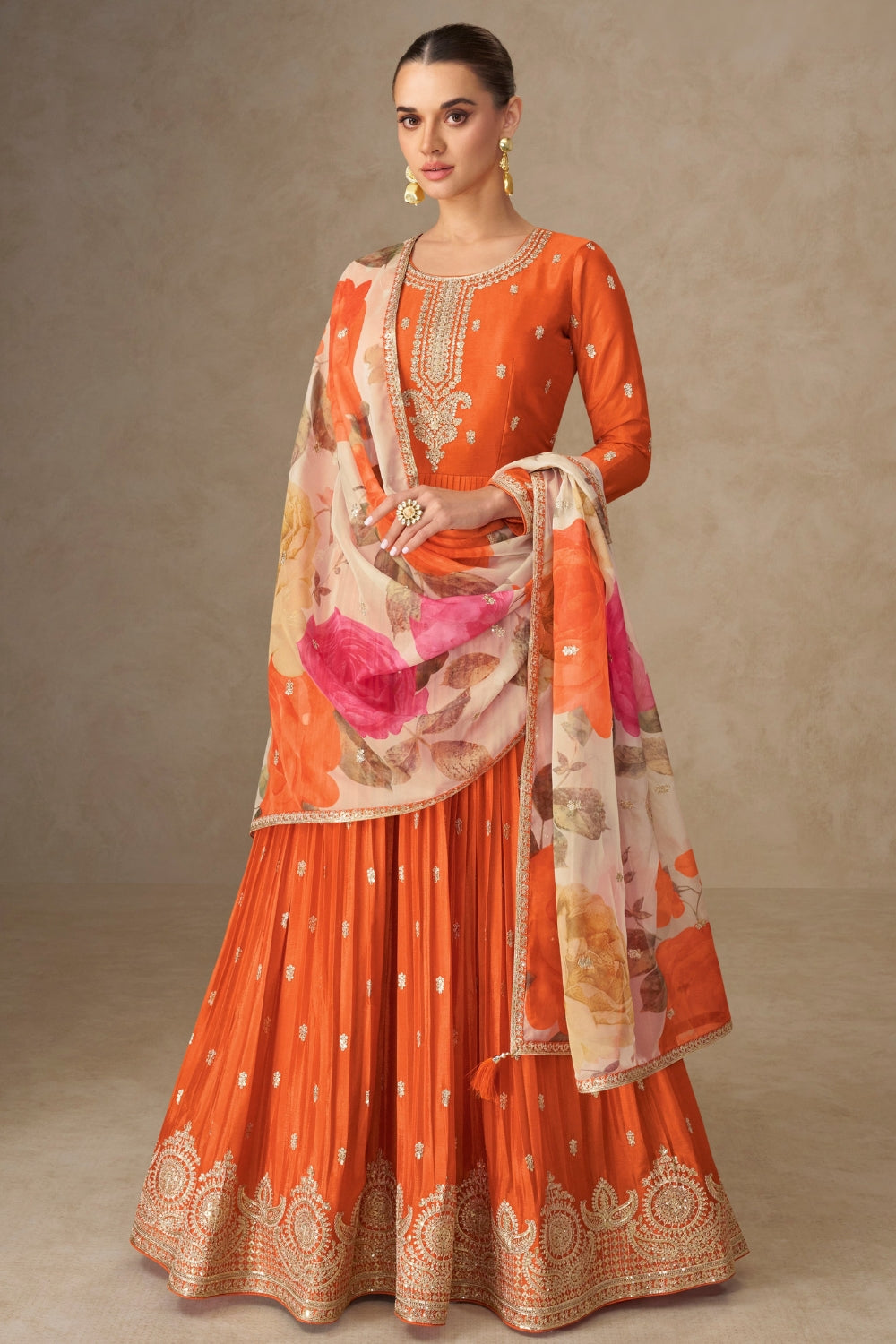 ORANGE CHINON ANRKALI SUIT WITH EMBROIDERY