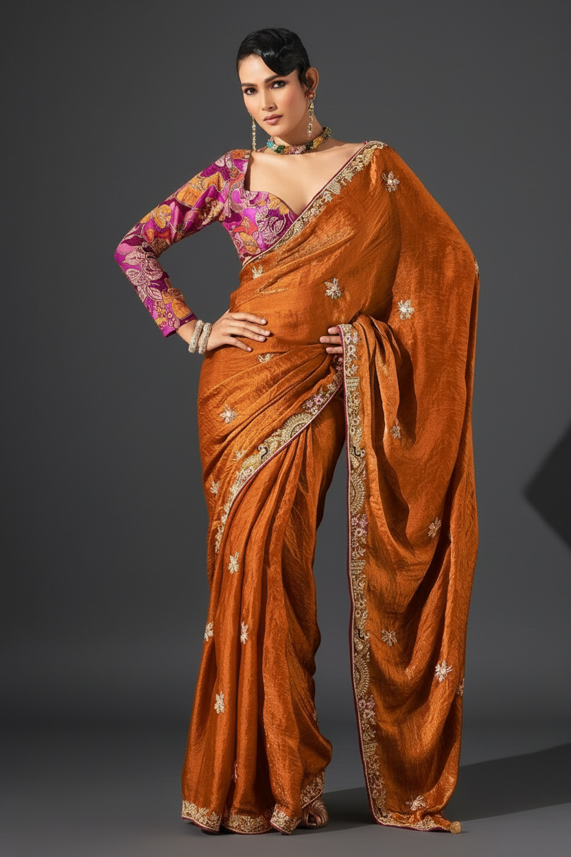 ORANGE SAREE WITH SEQUINS AND EMBROIDERY
