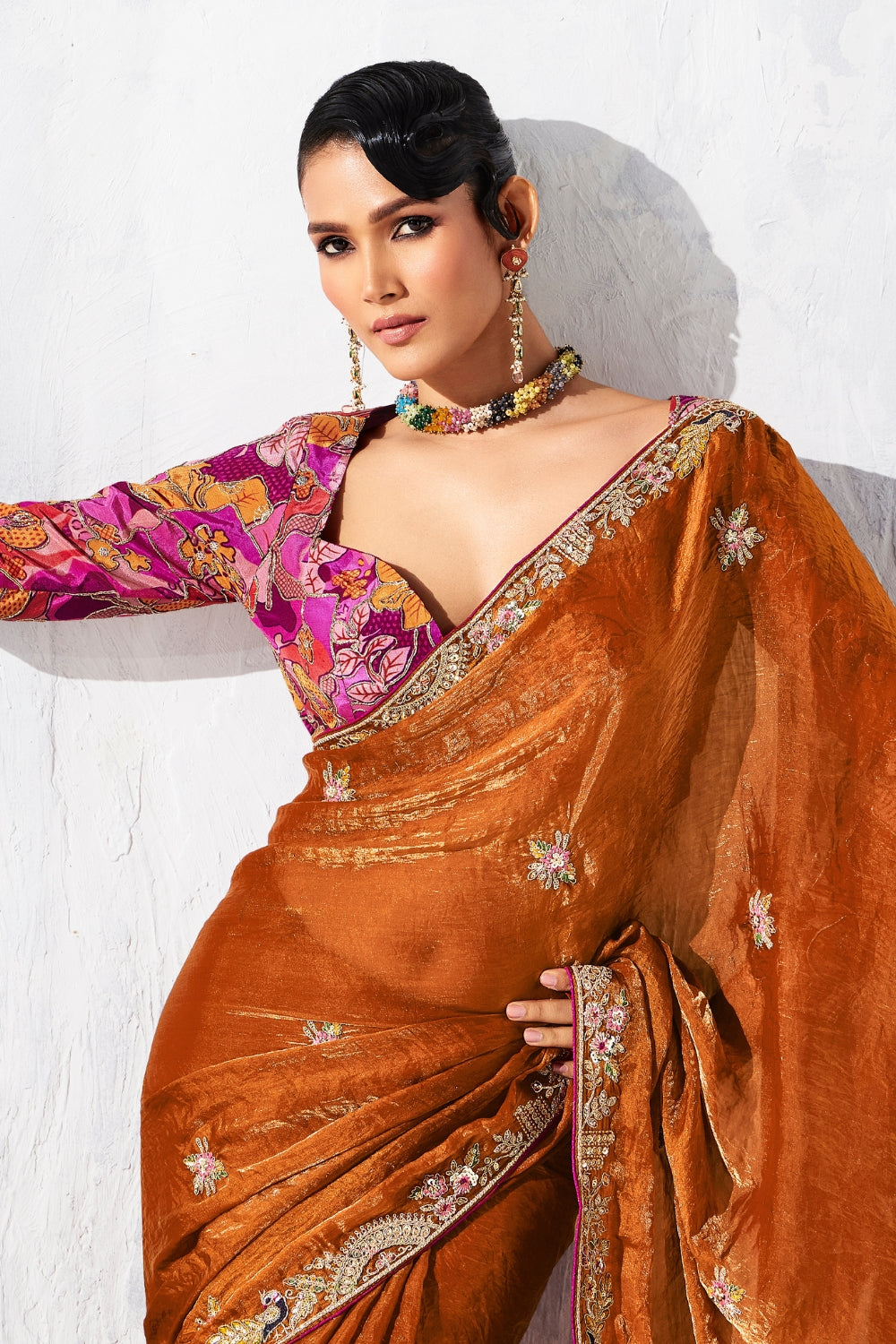 ORANGE SAREE WITH SEQUINS AND EMBROIDERY
