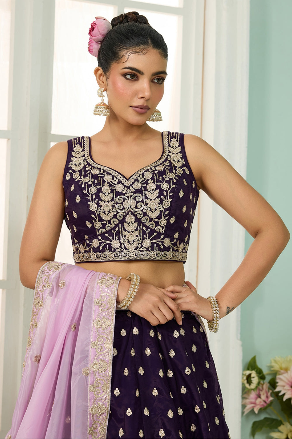 ORGANZA LEHENGA CHOLI WITH SEQUINS AND EMBROIDERY