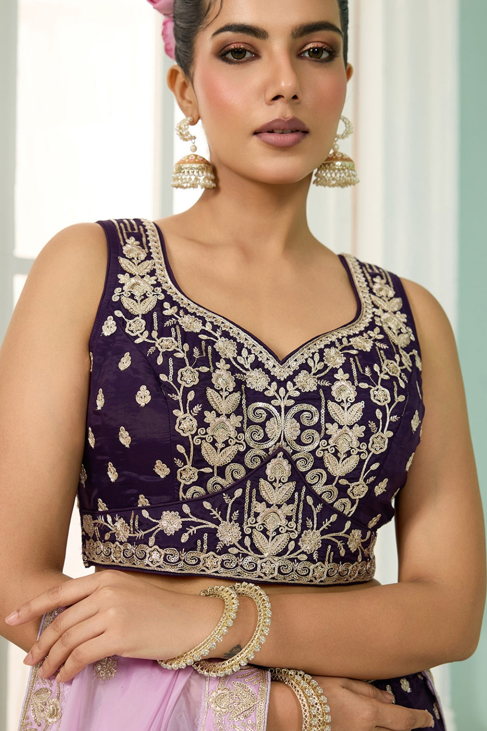 ORGANZA LEHENGA CHOLI WITH SEQUINS AND EMBROIDERY