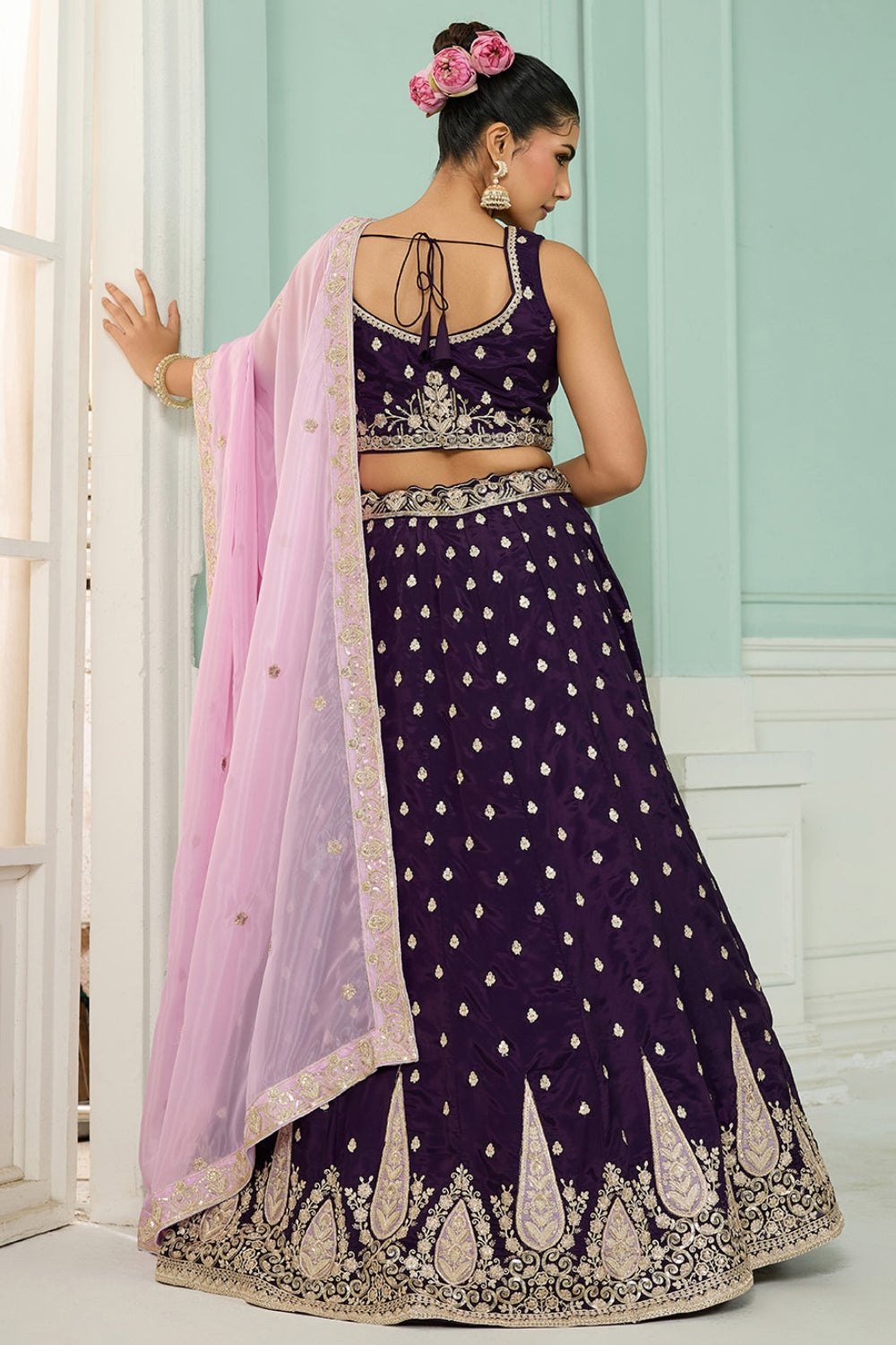 ORGANZA LEHENGA CHOLI WITH SEQUINS AND EMBROIDERY