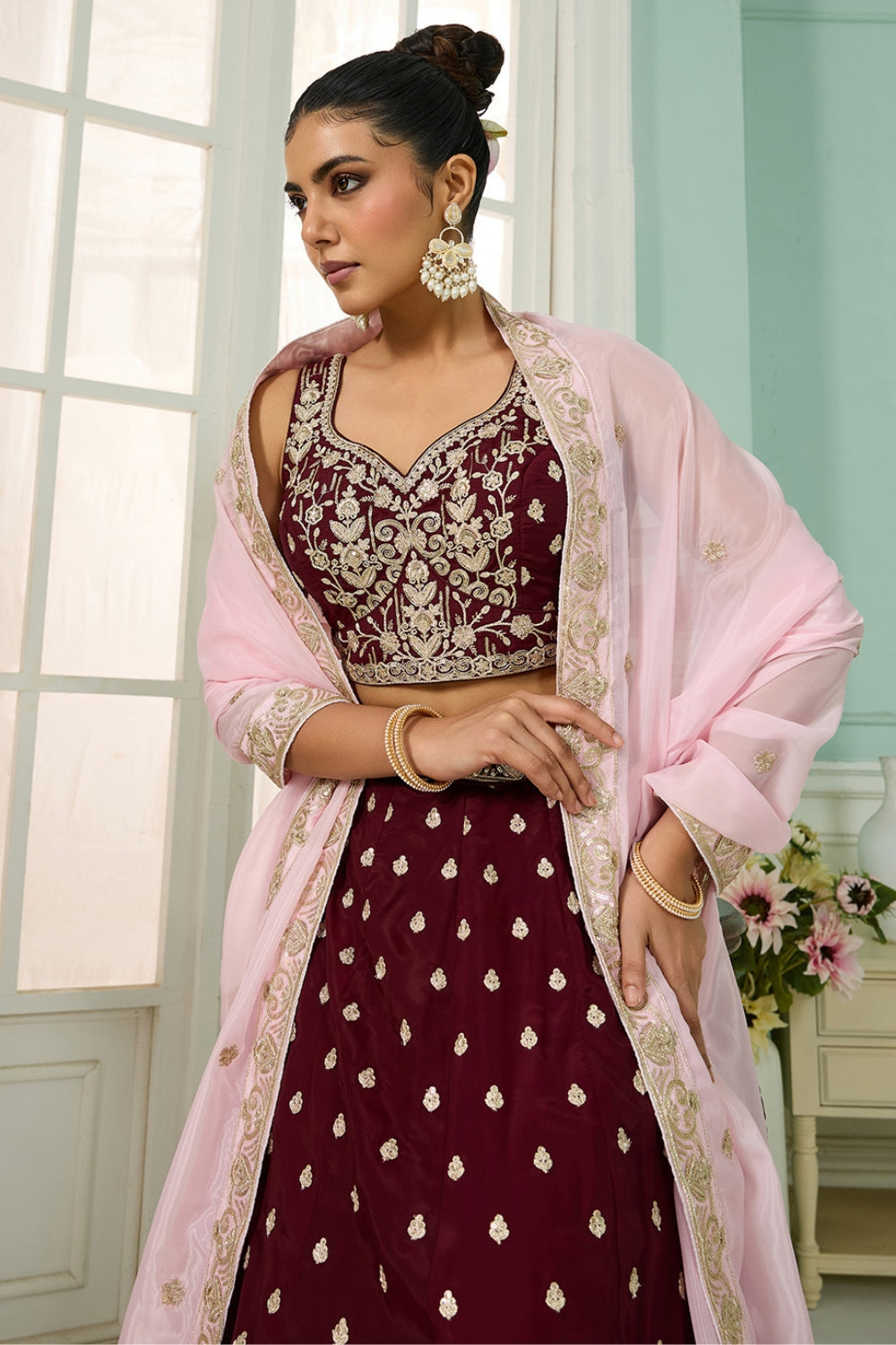 ORGANZA LEHENGA CHOLI WITH SEQUINS AND EMBROIDERY