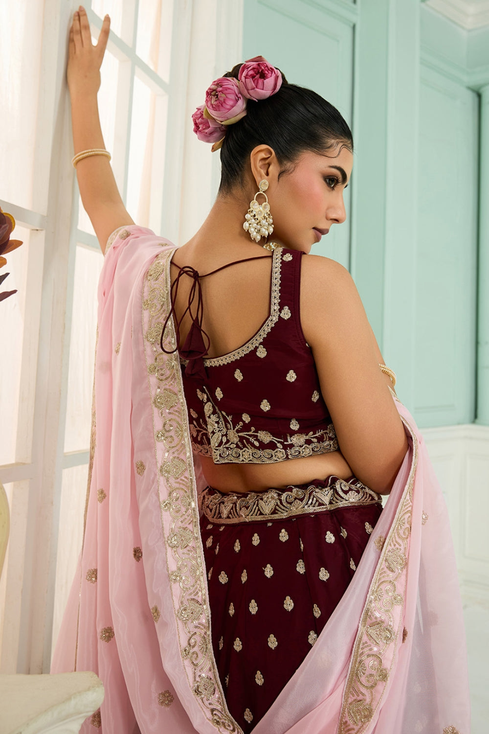 ORGANZA LEHENGA CHOLI WITH SEQUINS AND EMBROIDERY